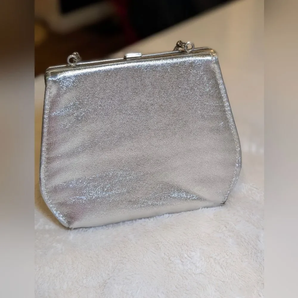 Vintage Silver Metallic Evening Bag Convertible Clutch Rhinestone Kiss Lock